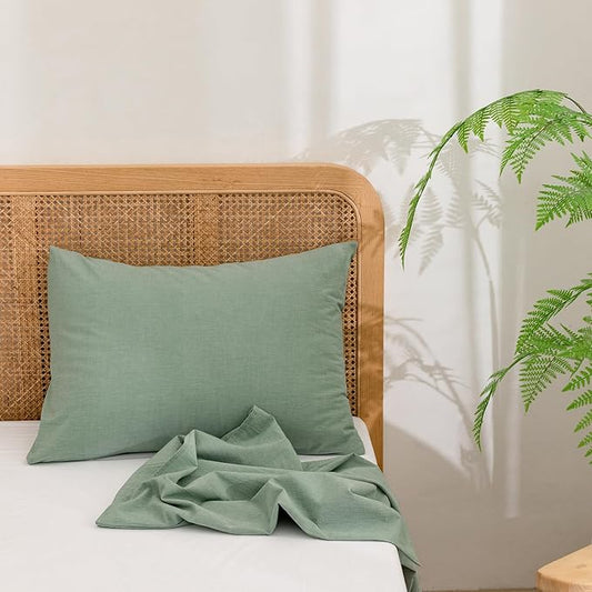 BESTOUCH 100% Washed Cotton Pillowcase for Hair and Skin Linen Feel Soft Comfortable Breathable 2 Set Pillow Case with Envelope Closure Solid Green Standard 20x26 Inches