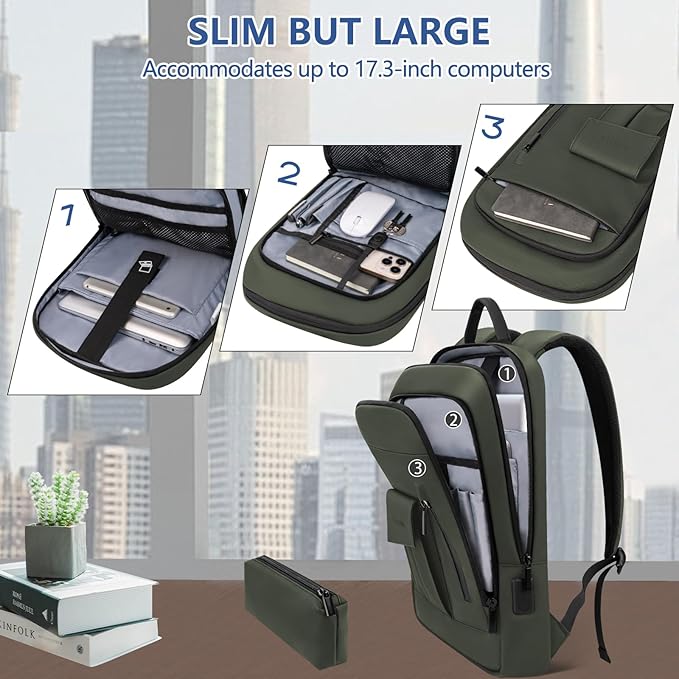 Business Backpack for Men Slim Lightweight Laptop Backpack for 17.3 Inch Computer Water Resistant Small Office Backpack for Commute Travel Daily Office Work with Small Bag (Green)