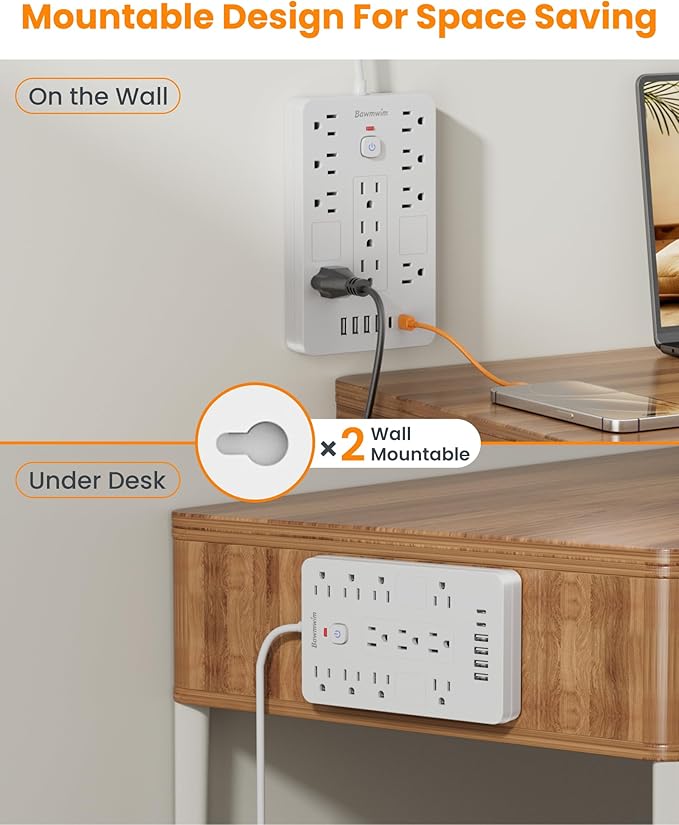 Surge Protector Power Strip - 11 Outlets(1850W/15A) with 6 USB Ports(2 USB C), 10FT Flat Plug Extension Cord, Wall Mount, White, ETL Listed for Home, Dorm Room