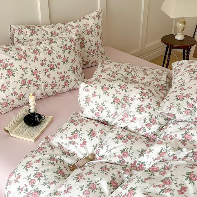 MKXI Queen Red Floral Comforter Set for Girls Botanical Bedding Comforter Red Flowers Print Vintage Farmhouse Bed Comforters