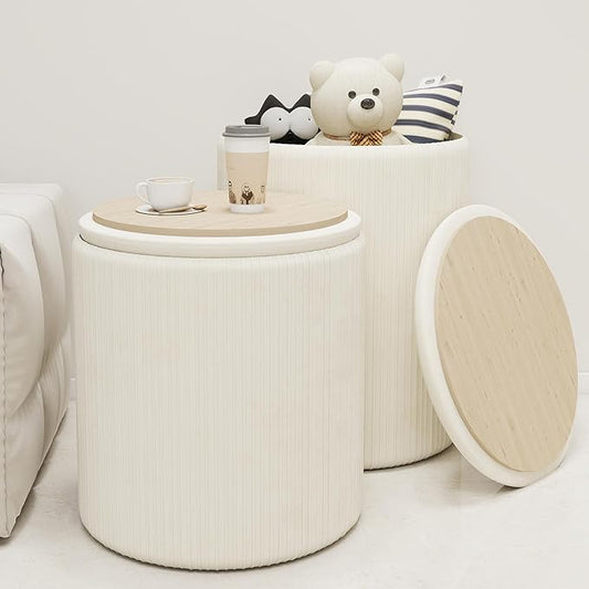 Twira Round Ottoman with Storage Set of 2, Velvet Nesting Ottoman for Living Room,Bedroom,Dorm,RV, Flip-up Lid Coffee Table, Upholstered Makeup Vanity Stool,Multifunctional Foot Rest 330lbs Load Beige