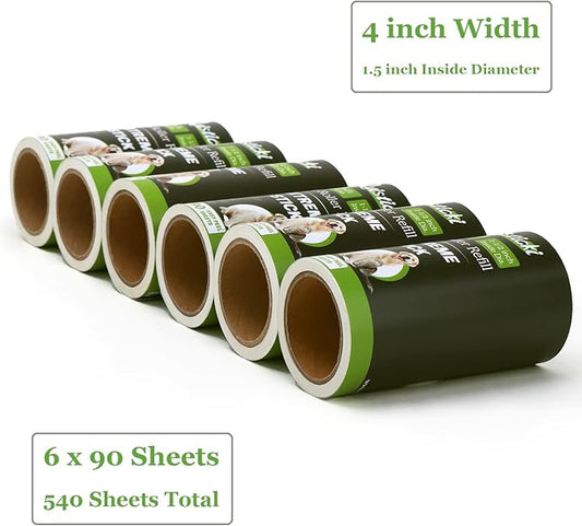 4 inch Lint Roller Refills Compatible with Evercare and Other Lint Rollers with 1 1/2 inch Inside Diameter Extreme Stick 90 Sheets Each Refill (Pack of 6, 540 Sheets Total)