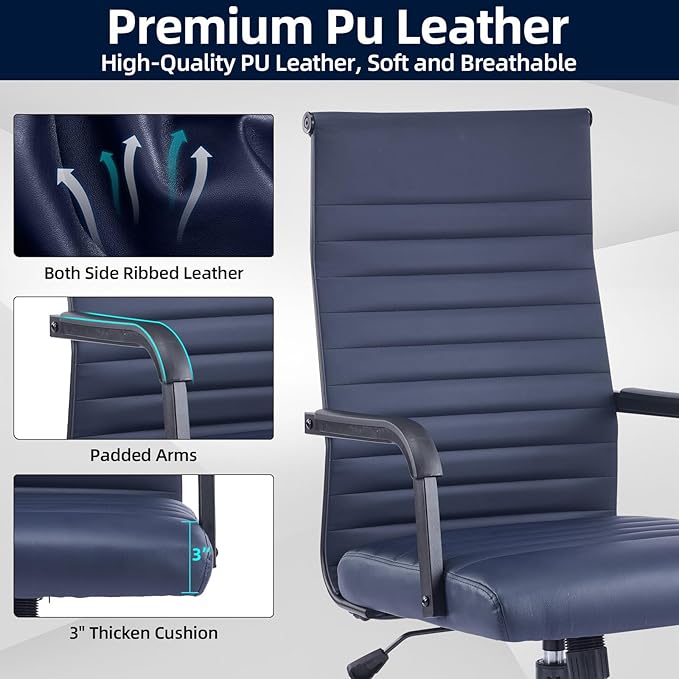 Office Chair, Ergonomic Executive Conference Room Chairs, Ribbed Leather Desk Chair with Lumbar Support, Adjustable Height Mid-Back Swivel Chair with Padded Seat and Square Tube Armrests