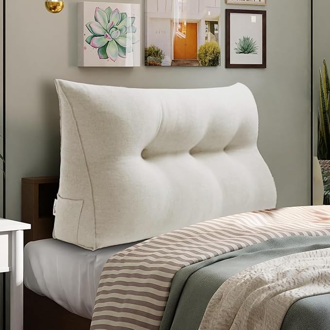 WOWMAX Wedge Pillow Headboard Dorm Headboard Twin XL Bed Wedge Pillow Bolster Pillow for Bed with Removable Cover, 85% Linen 15% Cotton Blend, Pure White