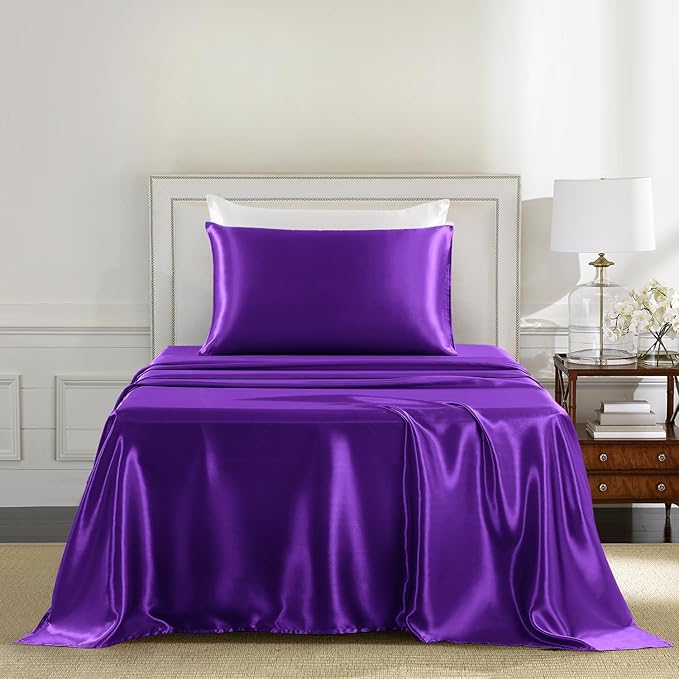 Satin Bed Linen Set, 3Pcs Luxury Silky Soft Twin XL Sheets with Deep Pocket Fitted Sheet, Wrinkle-Free, Dark Purple
