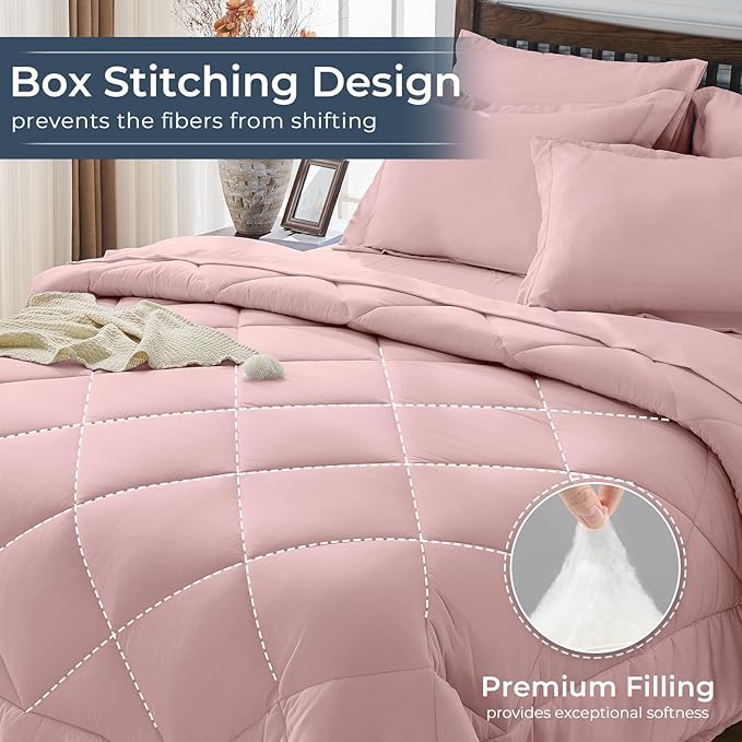 HEVUMYI Dusty Pink Twin Comforter Set - 5-Piece All Season Bed in a Bag Twin, Ultra Soft Bedding Set with Comforter, Flat Sheet, Fitted Sheet, Pillowcases, Pillow Shams