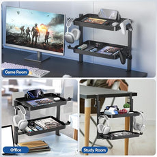 KDD Clamp On Desk Organizer - Adjustable 2-Tier Above or Under Desk Shelves with Large Capacity Tray, Phone & Tablet Holder, Headphone Hook - No Drilling Desktop Storage for Office & Home Accessories
