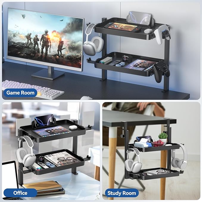 KDD Clamp On Desk Organizer - Adjustable 2-Tier Above or Under Desk Shelves with Large Capacity Tray, Phone & Tablet Holder, Headphone Hook - No Drilling Desktop Storage for Office & Home Accessories