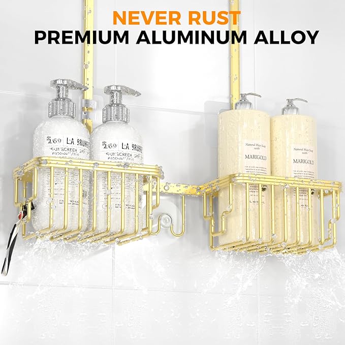 REINHARDT Aluminum Shower Caddy Hanging Adjustable Shower Caddy, Rustproof Hanging Shower Organizer with Hooks Soap Holders, Over Shower Head Caddy for Handheld Showerhead, Gold