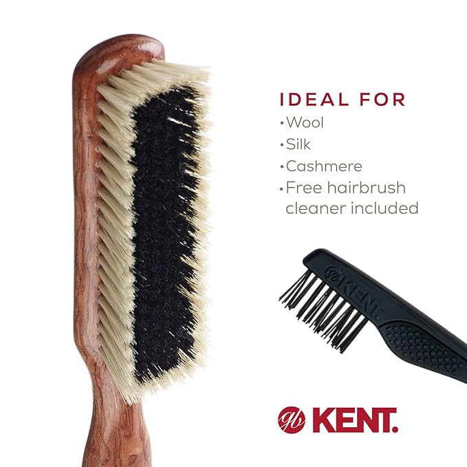 Kent CP6 Clothes Brush. 100% Natural Black & White Boar Bristle Lint Remover Especially for Cashmere, Wool and Silk for Keeping Delicate Fabrics Free from Fibres, Fluff and Pet Hair. Made in England