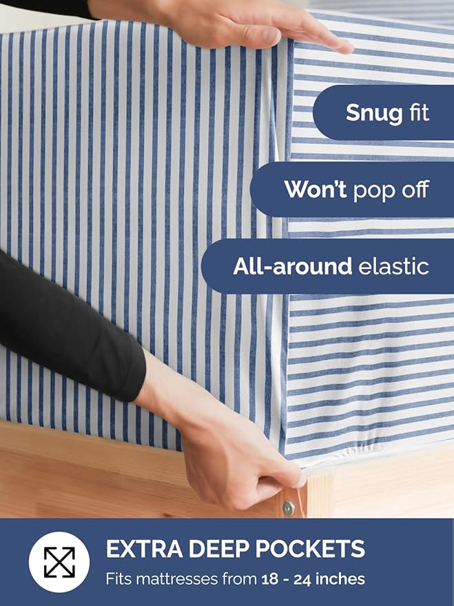 Extra Deep Pocket Full Sheets - 4 Piece Breathable & Cooling Bed Sheets - Hotel Luxury Bed Sheet Set - Soft, Wrinkle Free & Comfy - Easily Fits Extra Deep Mattresses - Deep Pocket Blue Striped Sheets