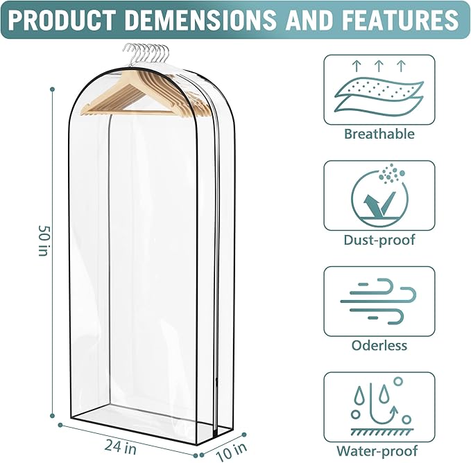 Clear Garment Bag for Hanging Clothes 10” Gusseted, 50” Suit Bags for Open Closet Storage Plastic Clothes Cover for Coat, Dress, Shirts, Fur, Jacket, Wardrobe Protectors, 4 Pack