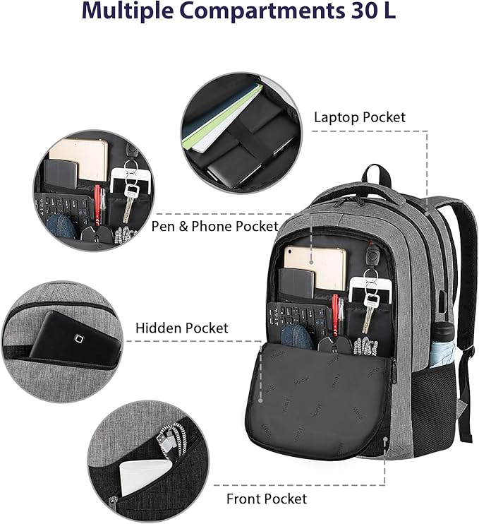 MATEIN 17 Inch Work Backpack for Men Women, Water Resistant Practical Travel Laptop Backpack with Trolley Sleeve, Casual College Daypack Laptop Compartment TSA Friendly, Grey Black