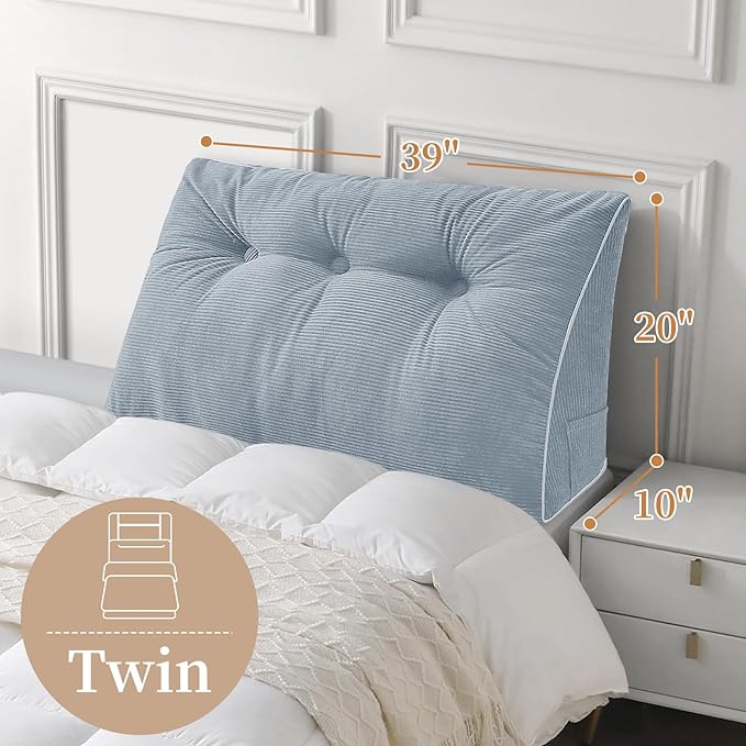 Sasttie Headboard Pillow Twin/Twin XL, Wedge Pillow Headboard for Dorm, Triangular Daybed Backrest Cushion for Sitting or Reading in Bed, with Removable Washable Cover, Greyish Blue