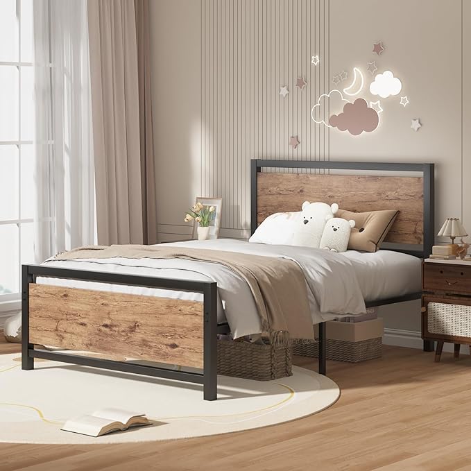 Twin Bed Frames with Headboard, Industrial Style Twin Bed Frame with Storage, Twin Size Bed Frames with Wooden Footboard, No Box Spring Needed, Noise-Free, Easy Assembly, Black Brown