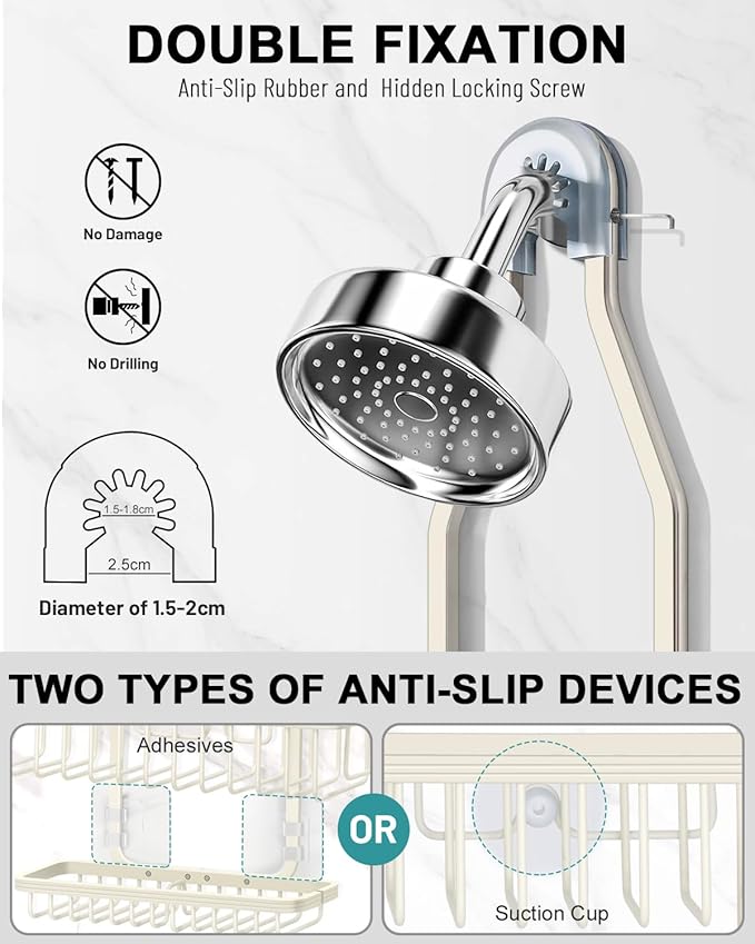 Shower Caddy Hanging - Never Rust Shower Hanging Organizer - Aluminum Over the ShowerHead Caddy with Soap Basket and 6 Hooks for Razor/Sponge (Milky White)