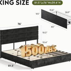 WLIVE King Size Upholstered Bed Frame with 4 Storage Drawers and Headboard, Velvet Platform Bedframe, Sturdy Metal & Wooden Slats Support, No Box Spring Needed, Easy Assembly, Black