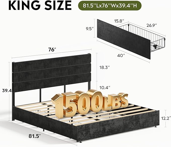 WLIVE King Size Upholstered Bed Frame with 4 Storage Drawers and Headboard, Velvet Platform Bedframe, Sturdy Metal & Wooden Slats Support, No Box Spring Needed, Easy Assembly, Black
