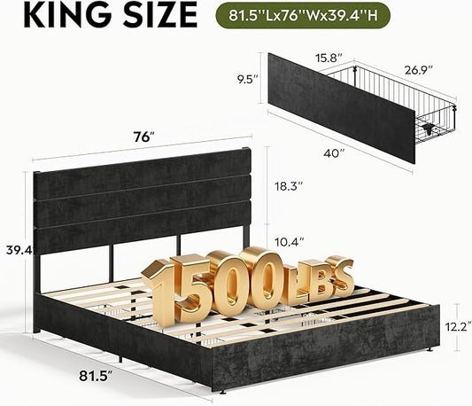 WLIVE King Size Upholstered Bed Frame with 4 Storage Drawers and Headboard, Velvet Platform Bedframe, Sturdy Metal & Wooden Slats Support, No Box Spring Needed, Easy Assembly, Black