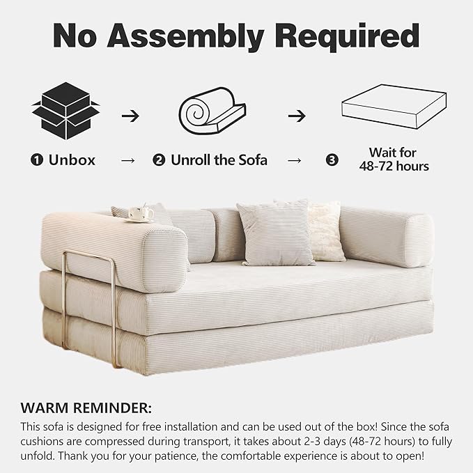 78.8" Convertible Sofa Bed -Compression Sofa with Corduroy Fabric - with Armrests and Backrest - Modular Sectional for Living Room, Bedroom, Studio - Compression Sofa in Box (Beige)