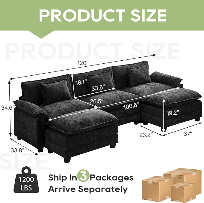 120" Modular Sectional Sofa, Comfy Cloud Couch Sectional Sofa with Ottoman, Chenille Sofa Sleeper Deep Seat Sofa with Throw Pillows for Living Room (Black, 120"- U Shape)