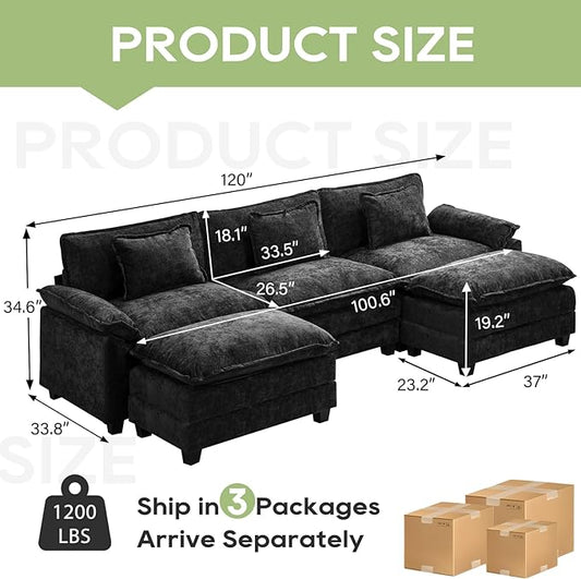 120" Modular Sectional Sofa, Comfy Cloud Couch Sectional Sofa with Ottoman, Chenille Sofa Sleeper Deep Seat Sofa with Throw Pillows for Living Room (Black, 120"- U Shape)