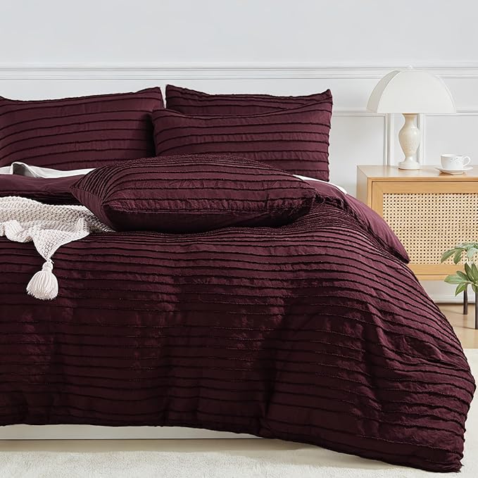 NEXHOME PRO Duvet Cover Full Size, Blue 3 Pieces Boho Tufted Duvet Cover Set, Soft and Lightweight Microfiber Comforter Cover Set for All Season (Burgundy,80 x 90)-No Comforter