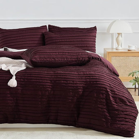 NEXHOME PRO Duvet Cover Queen Size, Blue 3 Pieces Boho Tufted Duvet Cover Set, Soft and Lightweight Microfiber Comforter Cover Set for All Season (Burgundy,90 x 90)-No Comforter