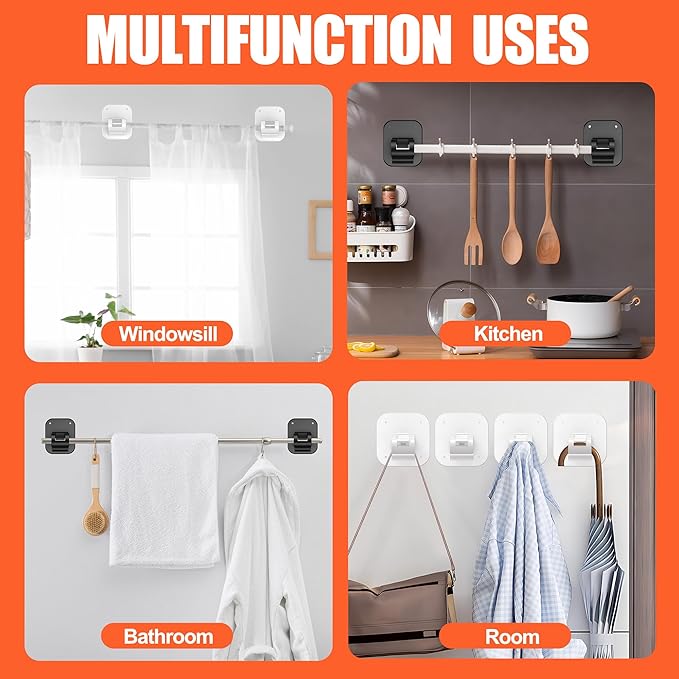 No Drill Curtain Rod Brackets No Drilling Holder 20lb - Renter Friendly Self Adhesive Hooks for Apartment Dorm Classroom Essentials Decor Hanging Drapes Rv Over Blinds Kitchen Bedroom Home