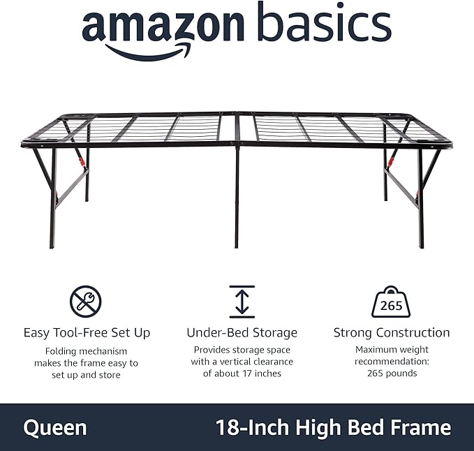 Amazon Basics Bed Frame with Storage, Foldable Metal Platform, Sturdy Steel, No Box Spring Needed, 18 Inches High, Tool-Free Setup, Queen Size, Black