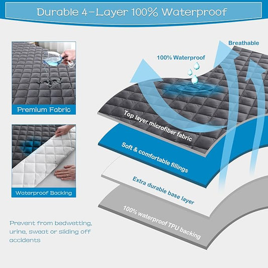 GRT Twin XL Size Grey Quilted Fitted Mattress Pad, 100% Waterproof Breathable Mattress Protector, Noiseless Hollow Cotton Mattress Topper, Fitted 8"-19" Deep, Dust Proof