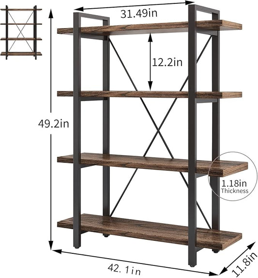 4 Tier Bookshelf Solid Wood Bookcase and Book Shelves Wood and Metal Shelving Rustic Open Bookshelf Office,Distressed Brown (AY-02-4Tier)