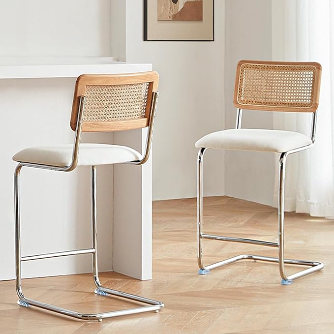Natural Rattan Counter Height Stools Set of 2 with Solid Wood Back, 24 Inch Mid Century Modern Cesca Bar Stools, White Upholstery Boho Stool for Kitchen Counter with Chrome Metal Legs