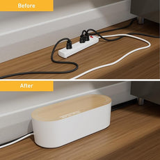 D-Line Cable Management Box, Power Strip Holder, Floor Outlet Hiders, Desk Cord Organizer, Cover TV Wires, Wire Storage, Extension Hider, Office Concealer for Cords - Small, Wood-Effect Lid