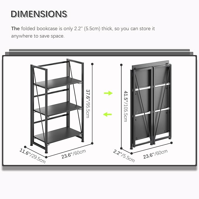 4NM No Assembly Folding Bookshelf Storage Shelves 3 Tiers Vintage Bookcase Standing Racks Study Organizer Home Office (All Black)