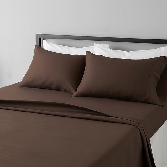 Amazon Basics Lightweight Super Soft Easy Care Microfiber 4 Piece Bed Sheet Set with 14-Inch Deep Pockets, Including Fitted Sheets, Full, Chocolate, Solid AmazonBasics