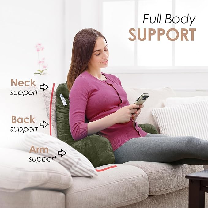 Nestl Reading Pillow with Shredded Memory Foam, Designed for Sitting Up in Bed and Couch, Back and Arms Adjustable Support for Adult & Teens Backrest Pillows for Reading, Washable Cover, Olive Green