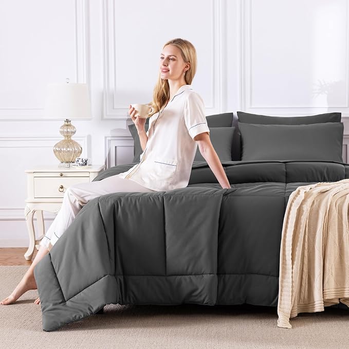 CozyLux Oversized Queen Comforter Sets Dark Grey, 7 Pieces Bed in a Bag, Ultra-Soft All Season Bedding Sets with Stitch Quilted Comforter, Flat Sheet, Fitted Sheet, Pillowcases, Dark Gray