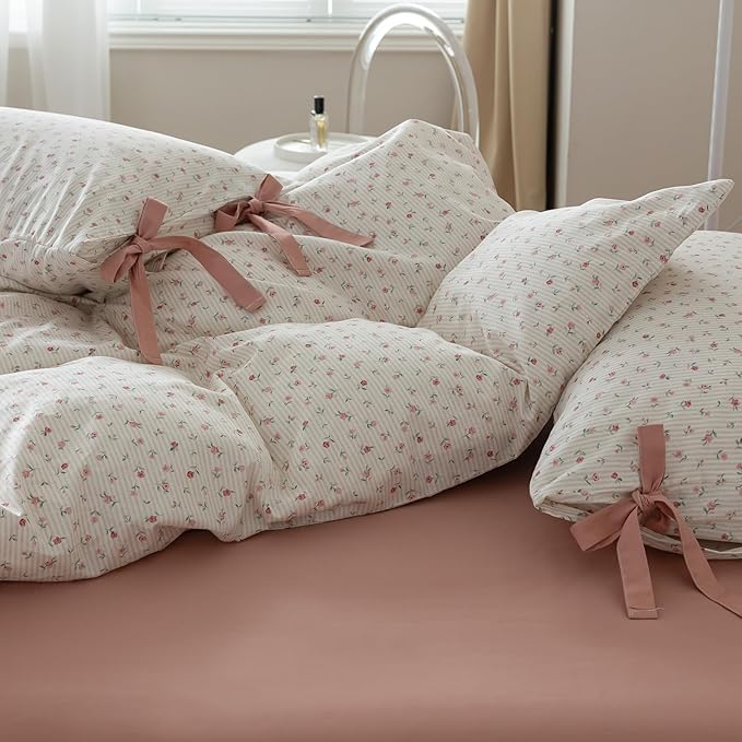 mixinni White Flower Pattern Duvet Cover Full Pink Floral Stripes Duvet Cover Set 100% Cotton Bedding Set with Zipper Ties Bow Tie Pillowcases, Easy Care, Ultra Soft and Breathable-Full Size