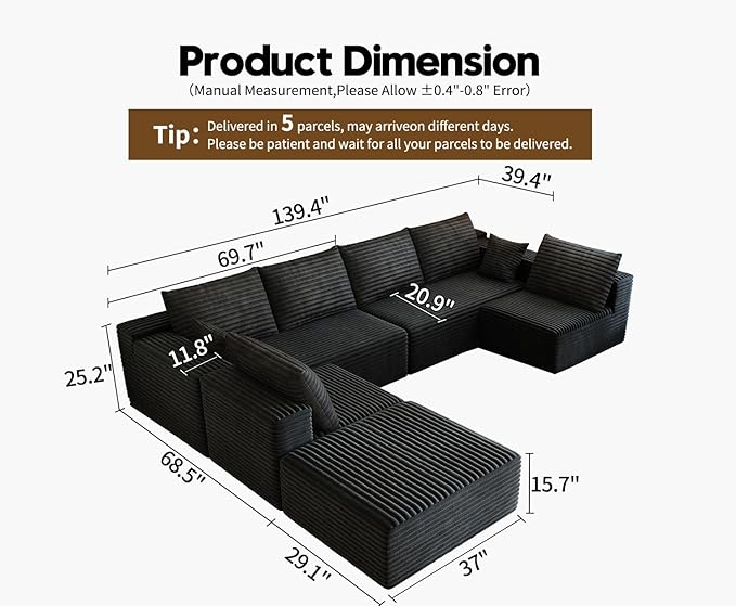 139.4" Modular Sectional Sofa, Oversized U-Shaped Minimalist Couches with 2 Middle Seats and 1 Ottoman Chaise, Modern Deep Seat Convertible Sleeper Sofa, Cloud Plush Corduroy Fabric,7 Seater, Black