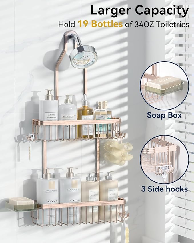 YASONIC Shower Caddy Hanging, Never Rust Shower Organizer Hanging, Aluminum Shower Racks for Inside Shower with Hooks for Razor, Bathroom Organizers and Storage with Soap Holder, Rose Gold