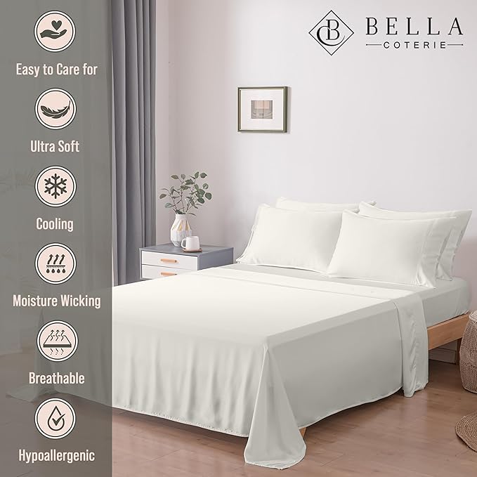 Bella Coterie 7 Piece Luxury Bamboo Viscose Split King Size Sheet Set | 2 Fitted Sheets for Adjustable Beds | 100% Organically Grown | Cooling for Hot Sleepers | 4 Pillowcases [Ivory] BC