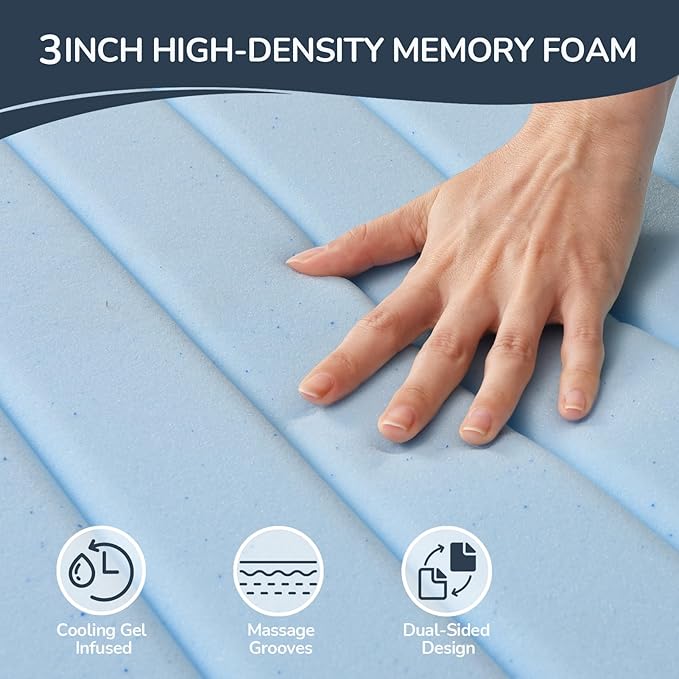 3 Inch Gel Memory Foam Mattress Topper Twin XL with Straps, Cooling Mattress Topper for Back Pain Relief with High Density Foam and Washable Cover, Bed Pad for College Dorm and Bedroom