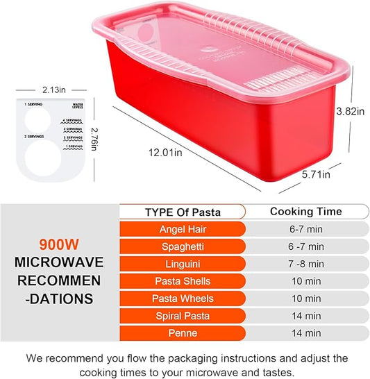 Microwave Pasta Pot with Strainer Lid & Measuring Cup Clip Quickly Cook 1-4 Servings-No Mess, Sticking or Waiting For Boil, Pasta Cooker in Microwave for Dorm Kitchen Office College Essential