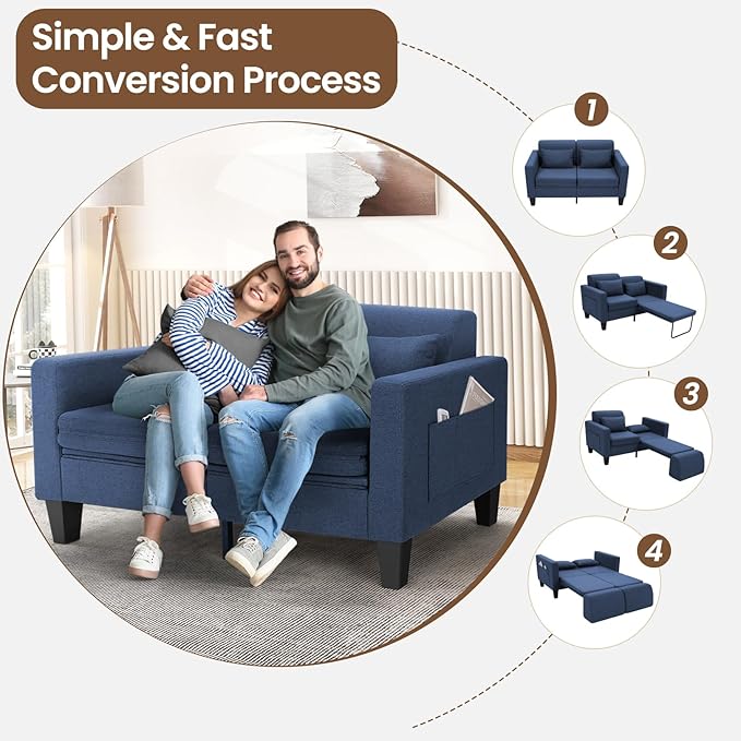 SEJOV 6-in-1 Convertible Sofa Bed, 58" Loveseat Sleeper Sofas with Pull Out Couch Bed, Removable Backrest, Storage Pockets and 2 Pillows, Modern Folding Linen Futon Couch for Small Spaces, Blue