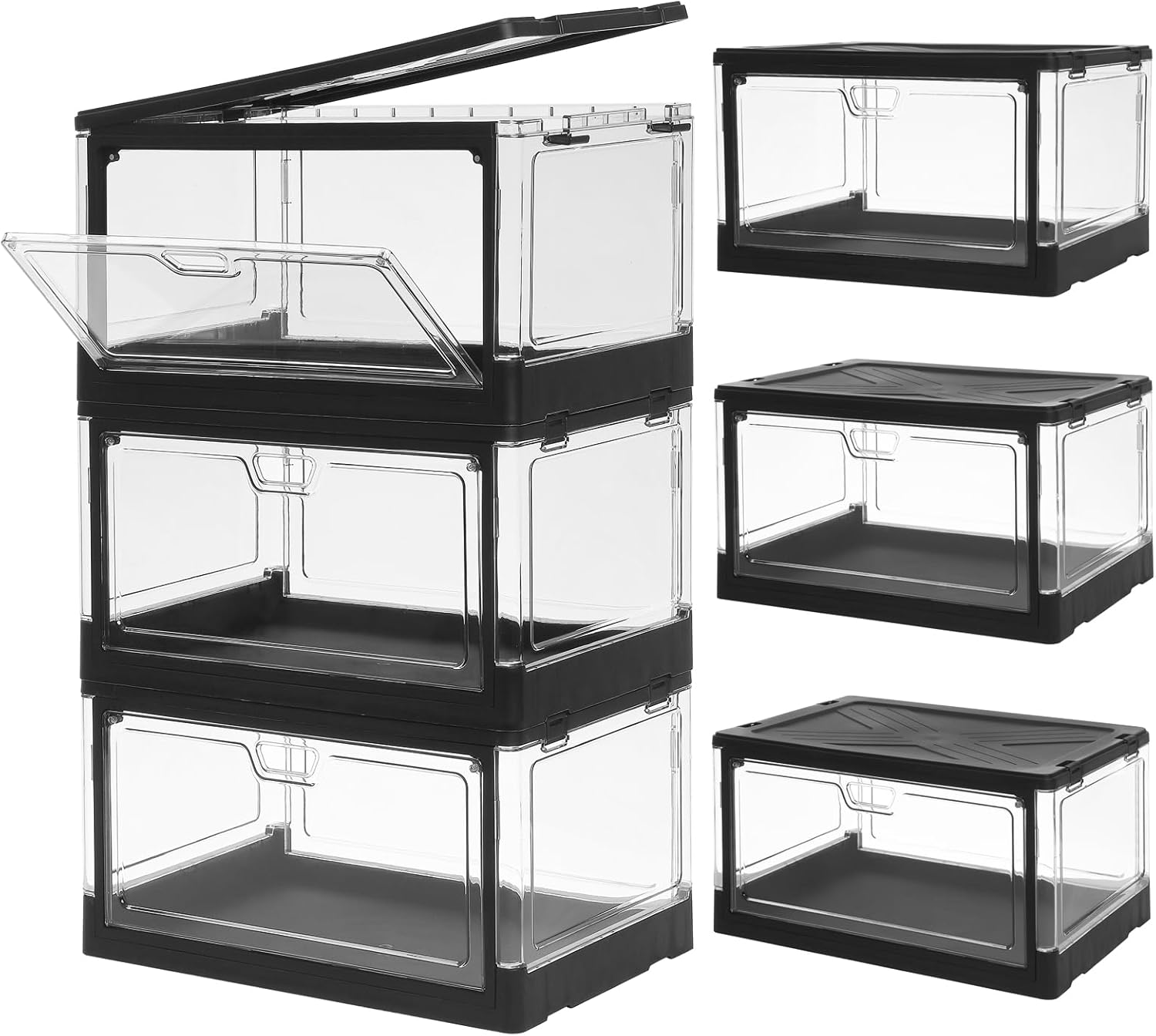 Closet Organizer and Storage Box, Large Essential Collapsible Plastic Car Trunk Container with Clear Lids and Doors, Open Front Multifunctional Stackable Bin for Bedroom, Dorm Room, Craft 80 L