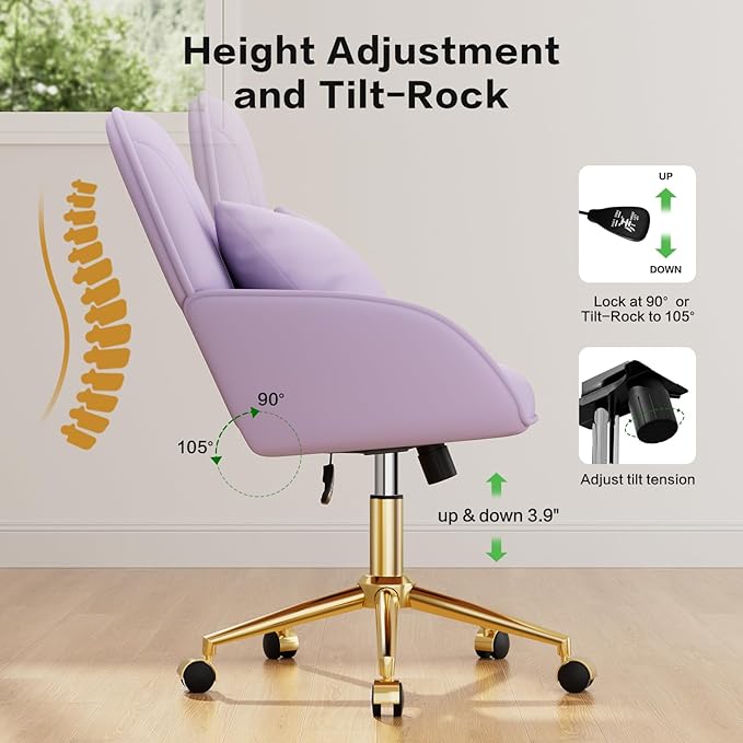 Home Office Desk Chair Comfy with Adjustable Swivel Wheels, Modern Velvet Makeup Vanity Chair with Back & Pillow, Ergonomic Office Chair Computer Task Chair for Living Room, Bedroom, Purple