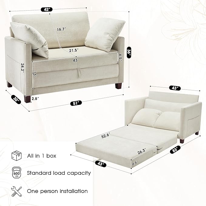 51" Convertible Sofa Bed, 2 in1 Folding Sofa Bed, Loveseat Sleeper Sofa for Small Spaces, Fold Out Floor Couch with 2 Pillows for Apartment, Living Room & Guest Room, Beige Chenille Fabric