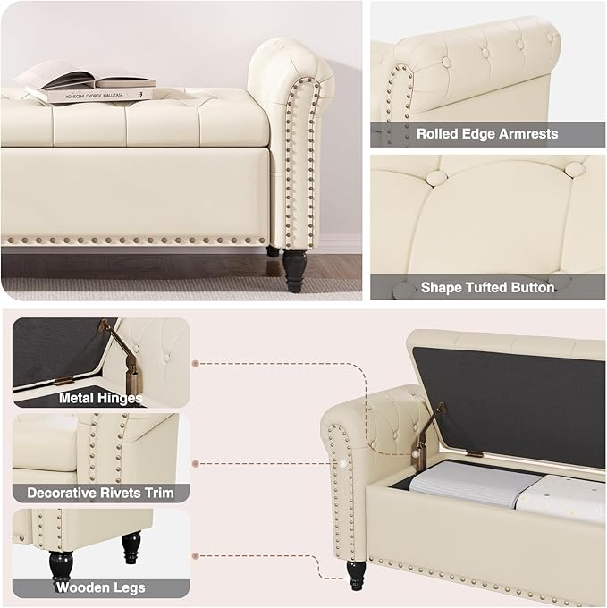 Bedroom Bench, End of Bed Bench with Storage, 55-Inch Bed Benches for Foot of Bed, Faux Leather Window Bench, Upholstered Storage Bench with Tufted Button and Nailhead Trim, Rolled Arms, Cream White