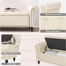 65 Inch Bedroom Bench, End of Bed Bench with Storage, Bed Benches for Foot of Bed, Faux Leather Window Bench with Tufted Button and Nailhead Trim, Upholstered Storage Bench, Rolled Arms, Cream White